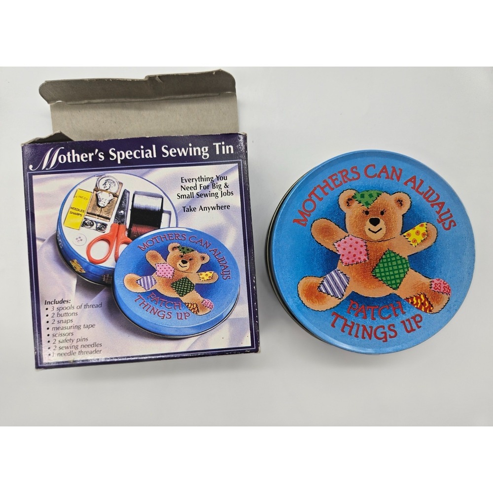 Mother's Special Sewing Tin Portable Travel Kit Teddy Bear Blue Round NIB 3.75" - Picture 3 of 6